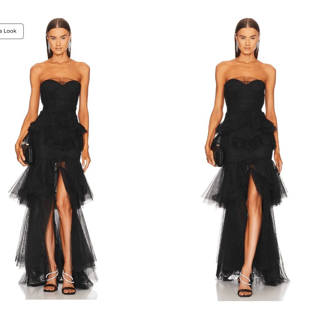 Michael Costello Black Strapless Layered Tulle Maxi Dress